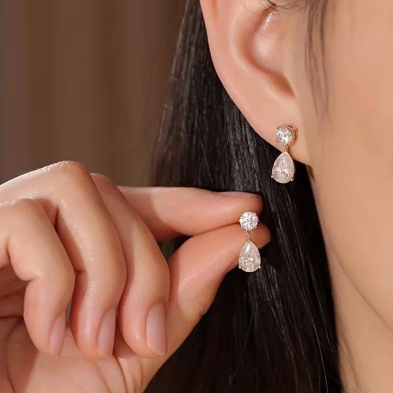 925 Sterling Silver Classic Moissanite Stud Earrings with Round Brilliant and Pear Cut and Claw Setting