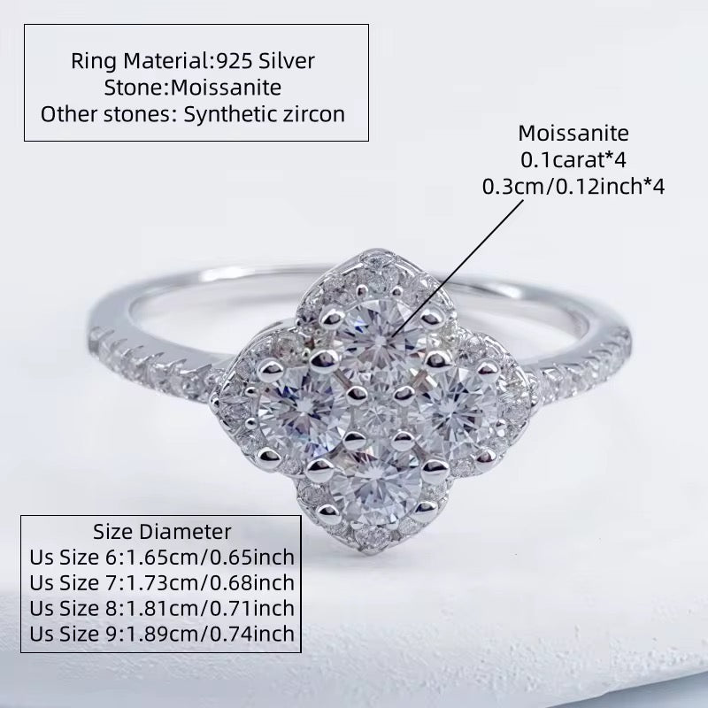 Sterling Silver 925 0.4 carats Moissanite Ring Four Leaf Clover