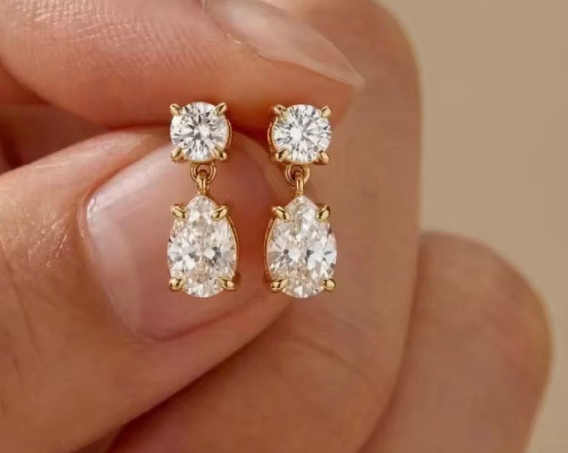 925 Sterling Silver Classic Moissanite Stud Earrings with Round Brilliant and Pear Cut and Claw Setting