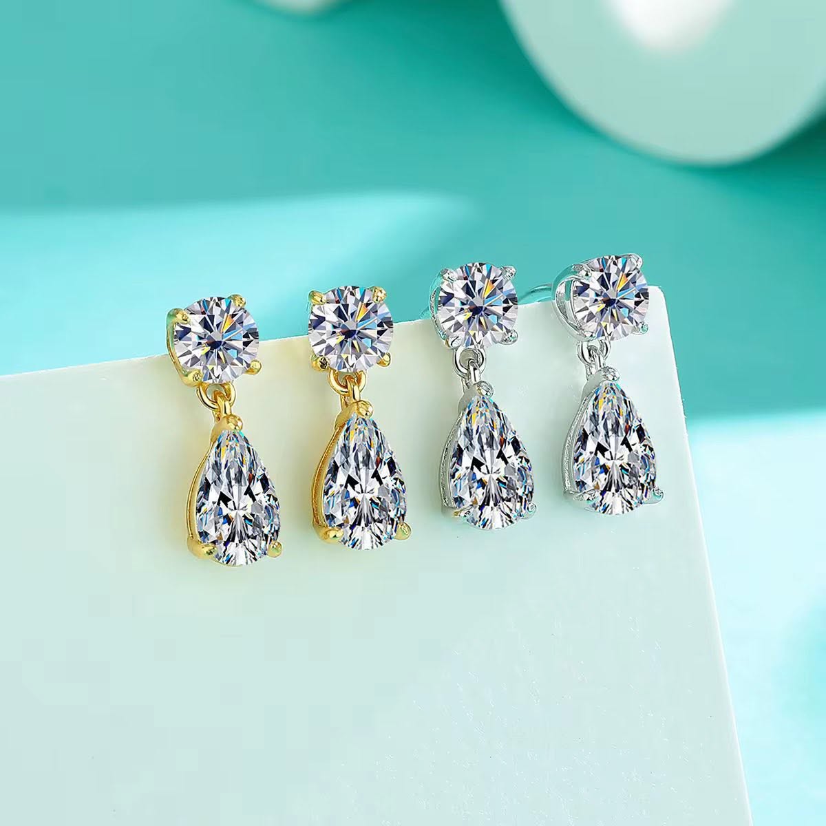 925 Sterling Silver Classic Moissanite Stud Earrings with Round Brilliant and Pear Cut and Claw Setting