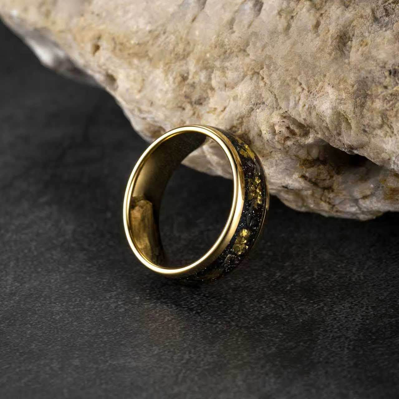 Tungsten Carbide, 8mm 24K gold plated domed surface, inlay meteorite+gold foil high polished finished