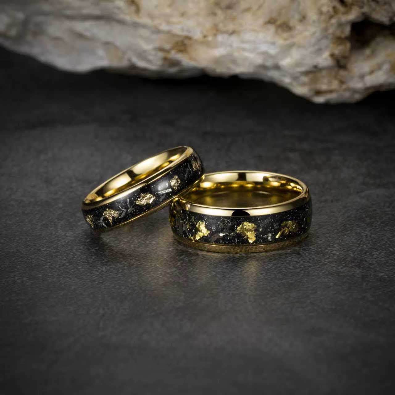 Tungsten Carbide, 8mm 24K gold plated domed surface, inlay meteorite+gold foil high polished finished