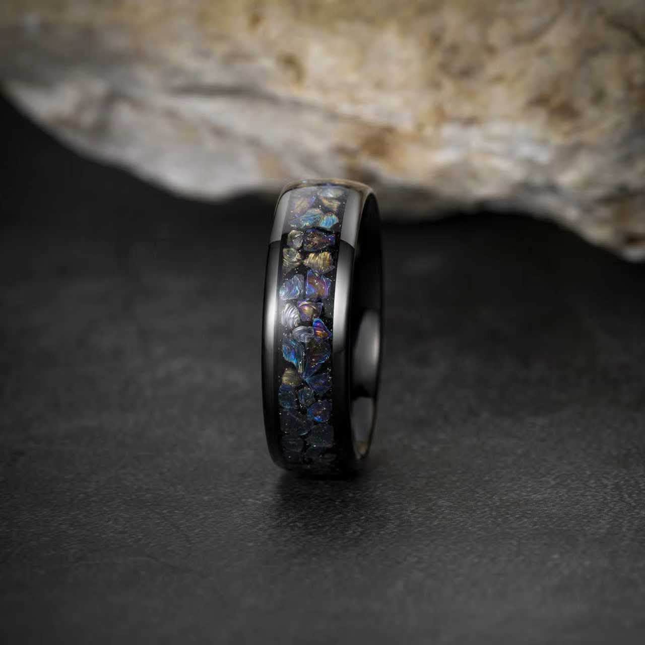 Tungsten Carbide, 6mm Black Plated Domed Surface, Inlay Colorful Opal Stone, High polished Finished