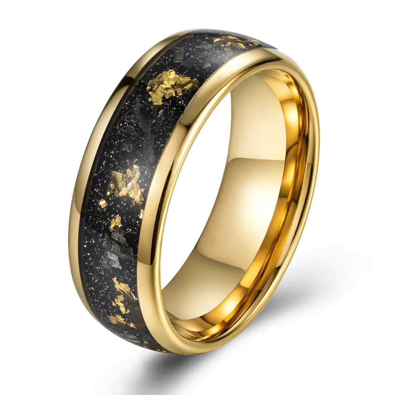 Tungsten Carbide, 8mm 24K gold plated domed surface, inlay meteorite+gold foil high polished finished