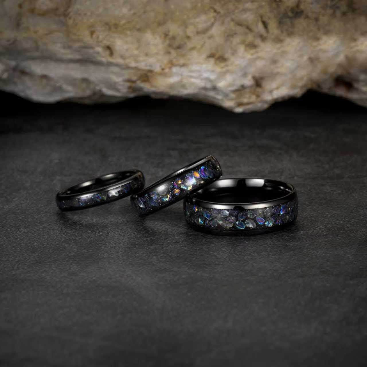 Tungsten Carbide, 6mm Black Plated Domed Surface, Inlay Colorful Opal Stone, High polished Finished