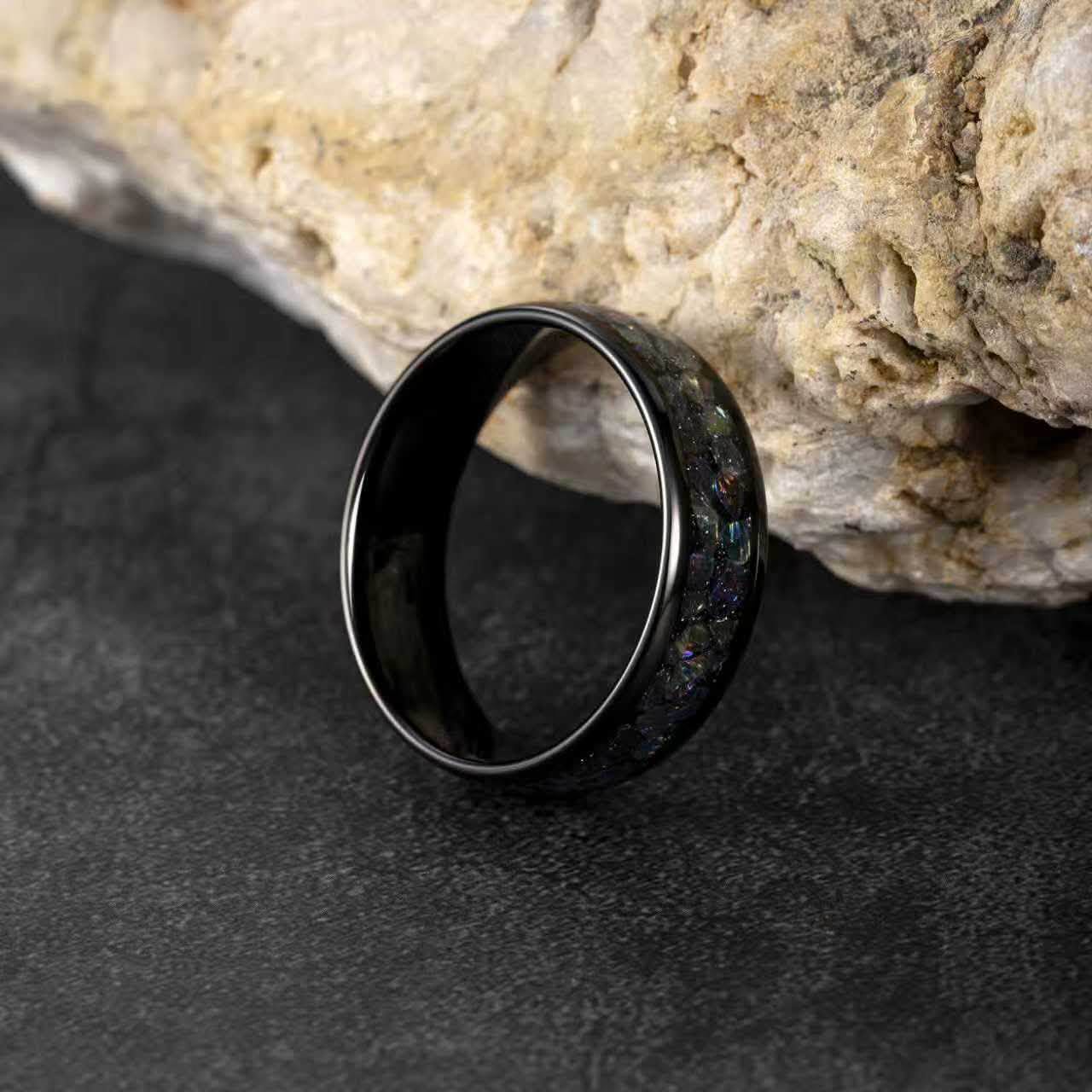 Tungsten Carbide, 6mm Black Plated Domed Surface, Inlay Colorful Opal Stone, High polished Finished