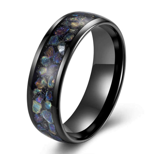 Tungsten Carbide, 6mm Black Plated Domed Surface, Inlay Colorful Opal Stone, High polished Finished
