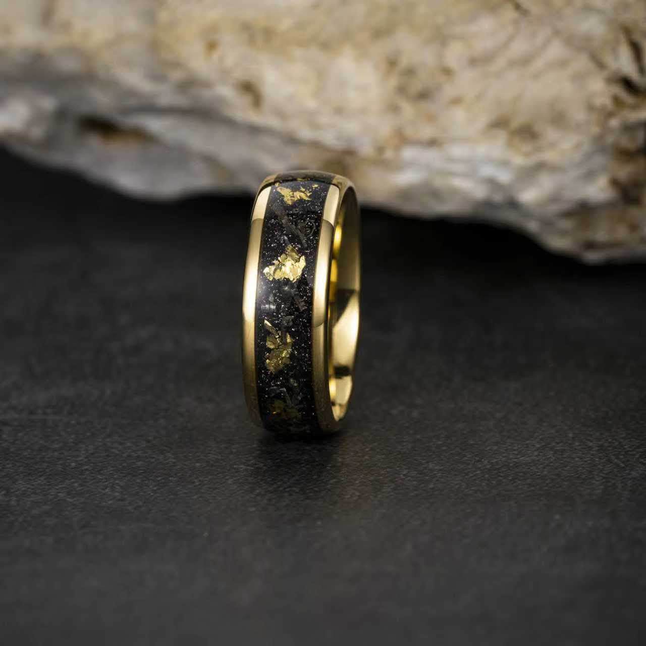 Tungsten Carbide, 8mm 24K gold plated domed surface, inlay meteorite+gold foil high polished finished