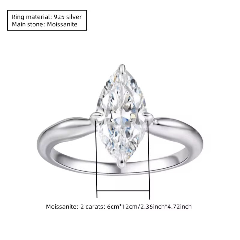 Sterling Silver 925 2ct Marquise Cut Moissanite Ring