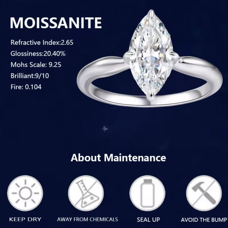 Sterling Silver 925 2ct Marquise Cut Moissanite Ring