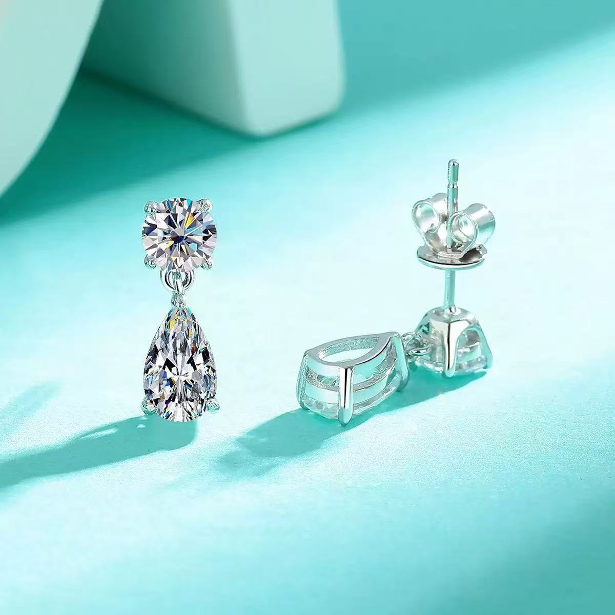 925 Sterling Silver Classic Moissanite Stud Earrings with Round Brilliant and Pear Cut and Claw Setting