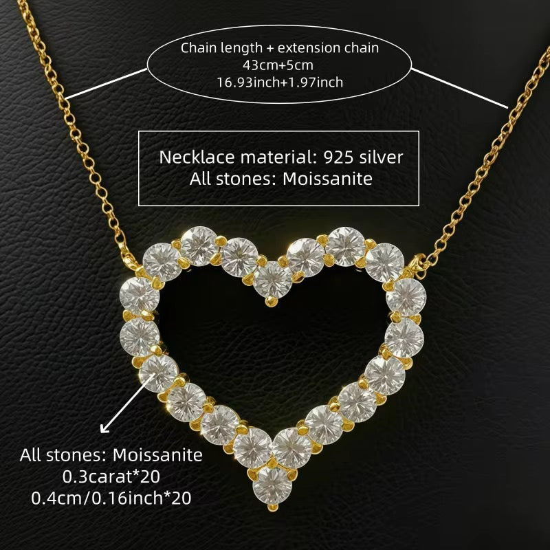 Round Brilliant Cut Open Heart GRA Certified S925 Moissanite Necklace for VVS1 Color 18K Gold Plated